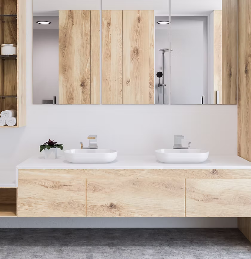 Bathroom renovation in St. Petersburg, FL, Pinellas County, with floating double vanity, vessel sinks, wood cabinetry, and modern lighting.